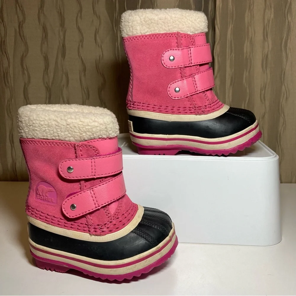 Sorel 1964 Pac Strap Baby Girl's 5 Winter Tropic Pink Suede Black Waterproof